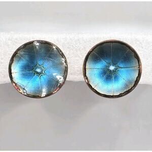 Earrings Vintage Fruit Slice Blue Teal Enamel Copper Hogan Bolas 50s 60s Read